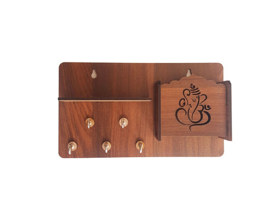 Ganesh Engraved Wooden Phone Stand & Keyholder – Spiritual Home & Office Décor