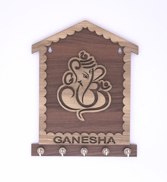 Lord Ganesha Wooden Keyholder – Spiritual Wall Organizer for Home & Office
