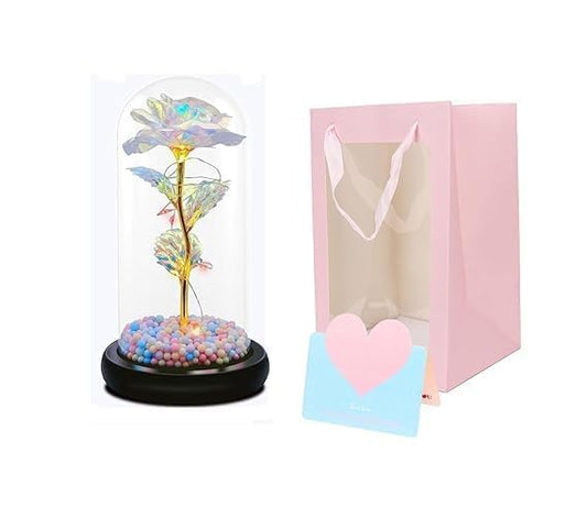 Romantic Crystal Box with Artificial Tulips & LED Galaxy Rose – Gift for Valentine’s Day & Anniversaries