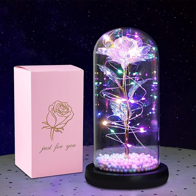 Romantic Crystal Box with Artificial Tulips & LED Galaxy Rose – Gift for Valentine’s Day & Anniversaries